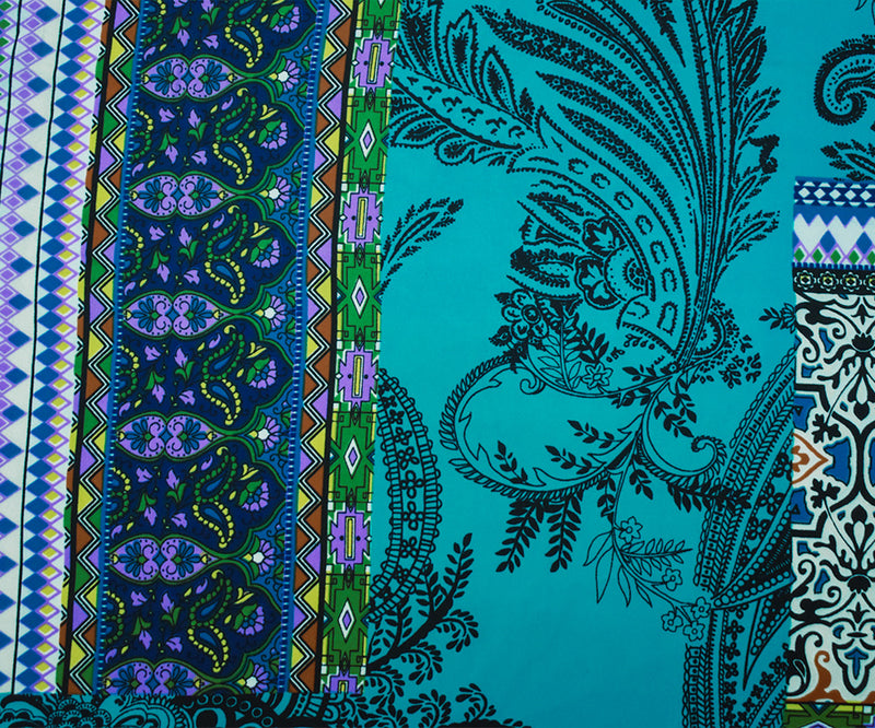 Turquoise-Multi Poly Abstract Multi Pattern Printed Crepe Georgette Fabric