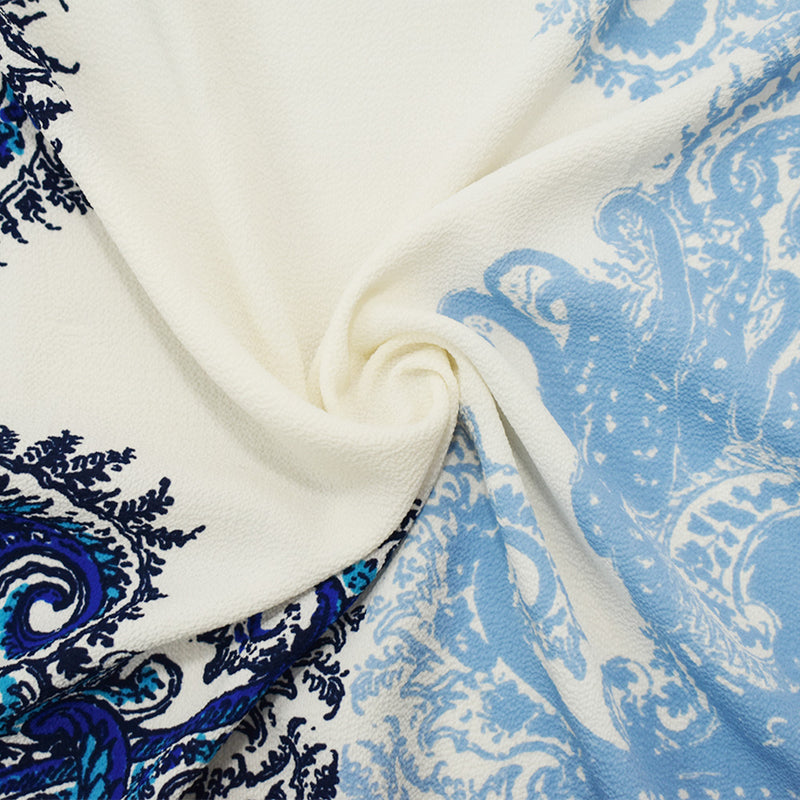 White-Blue-Black Poly Baroque Border Printed Pebble Crepe Woven Fabric