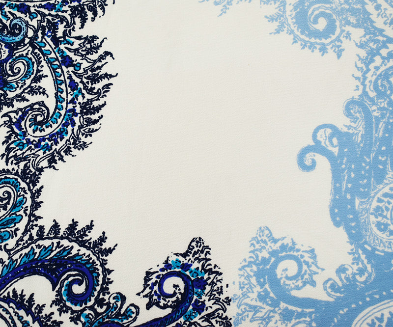 White-Blue-Black Poly Baroque Border Printed Pebble Crepe Woven Fabric
