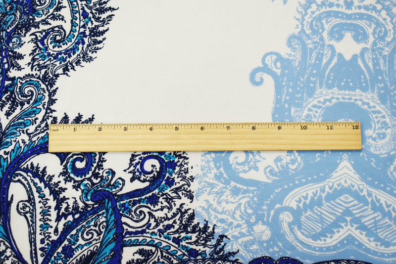 White-Blue-Black Poly Baroque Border Printed Pebble Crepe Woven Fabric