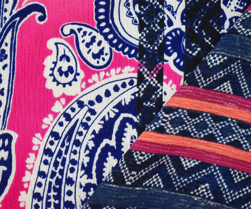 Navy-Pink-Multi Poly Paisley Border Print Crinkle Dobby Crepe Woven Fabric