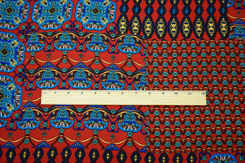 Orange-Teal Mandala Border Multi Pattern Printed Crinkle Crepe Woven Fabric