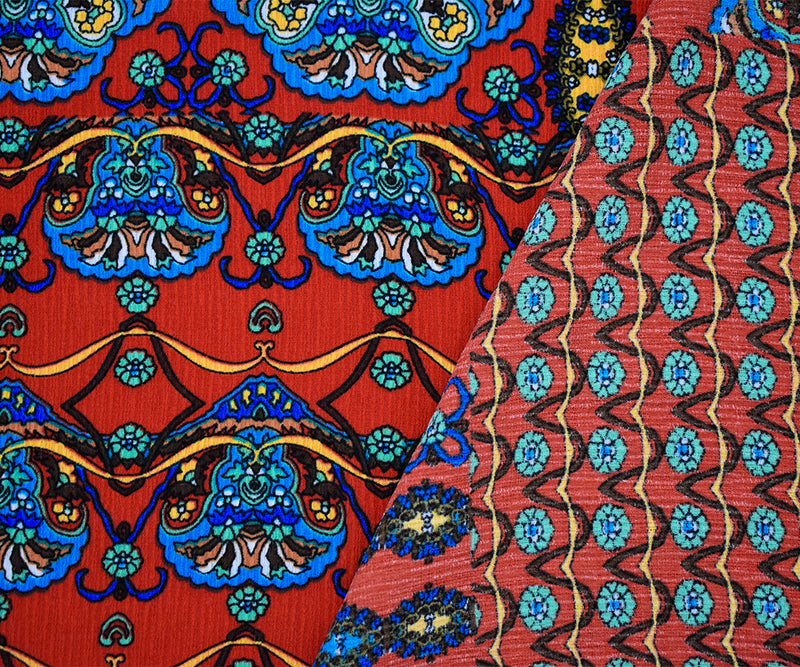 Orange-Teal Mandala Border Multi Pattern Printed Crinkle Crepe Woven Fabric