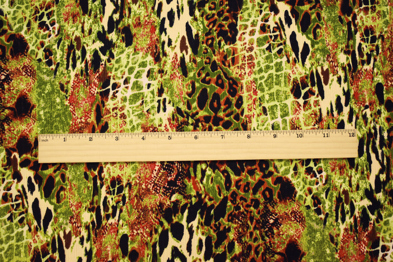 Green-Brown-Multi Poly Abstract Animal Printed Textured Crepe Woven Fabric