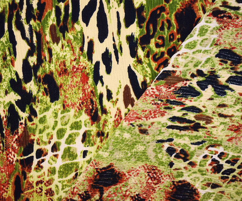 Green-Brown-Multi Poly Abstract Animal Printed Textured Crepe Woven Fabric