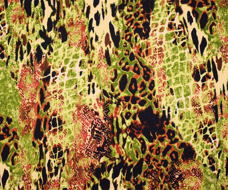 Green-Brown-Multi Poly Abstract Animal Printed Textured Crepe Woven Fabric