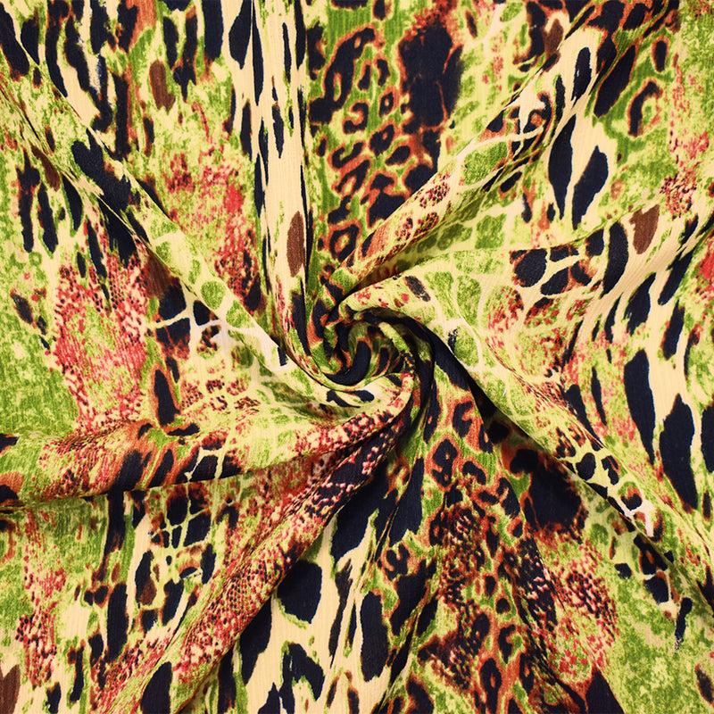 Green-Brown-Multi Poly Abstract Animal Printed Textured Crepe Woven Fabric