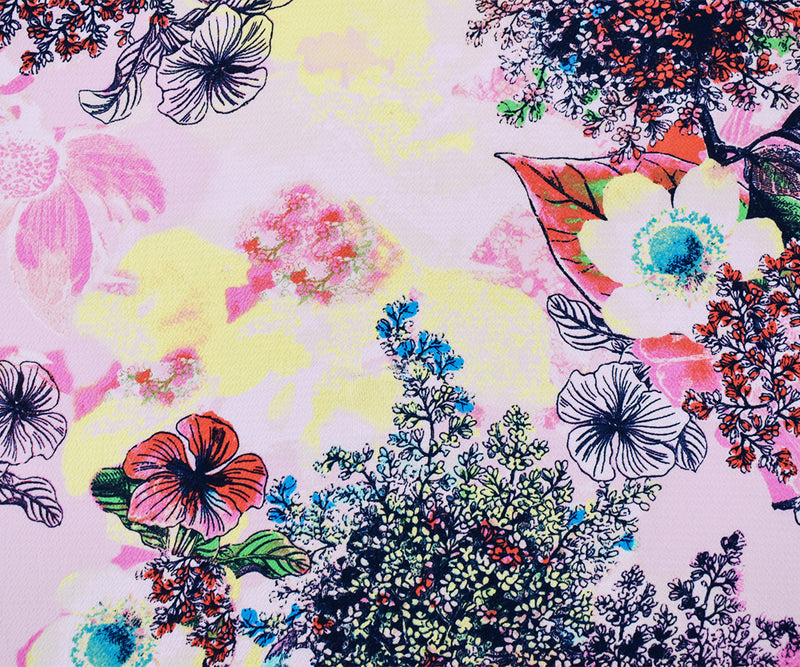 Pink-Multi Poly Stretch Spandex Floral Printed Pebble Crepe Woven Fabric