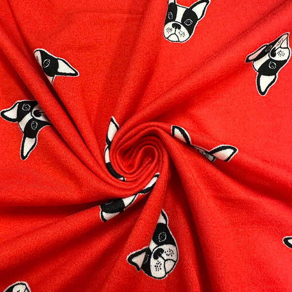Bright Red Bulldog Print Double Brushed Jersey Knit Fabric