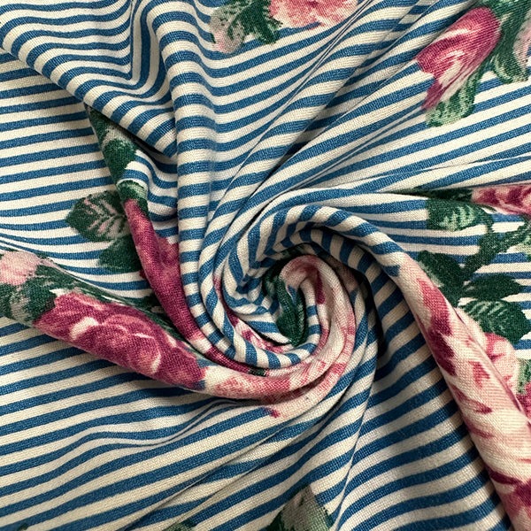 Pink Floral Blue Stripe Print Double Brushed Jersey Knit Fabric