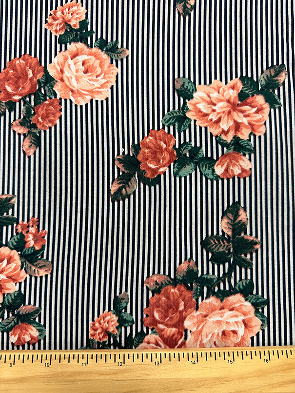 Peach Floral Black Stripe Print Double Brushed Jersey Knit Fabric
