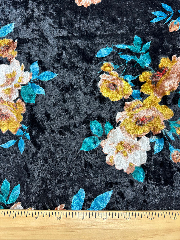 Black Floral Print Stretch Panne Velour Fabric