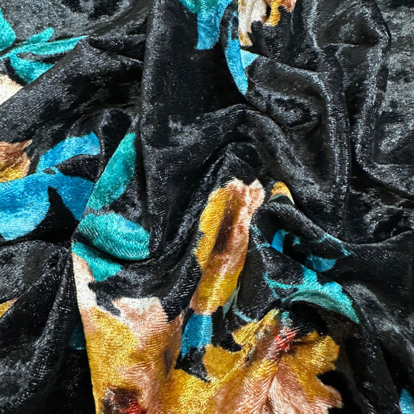 Black Floral Print Stretch Panne Velour Fabric