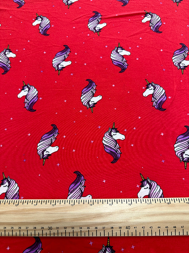 Red and White Star Unicorn Printed Double Brushed Jersey Knit Fabric