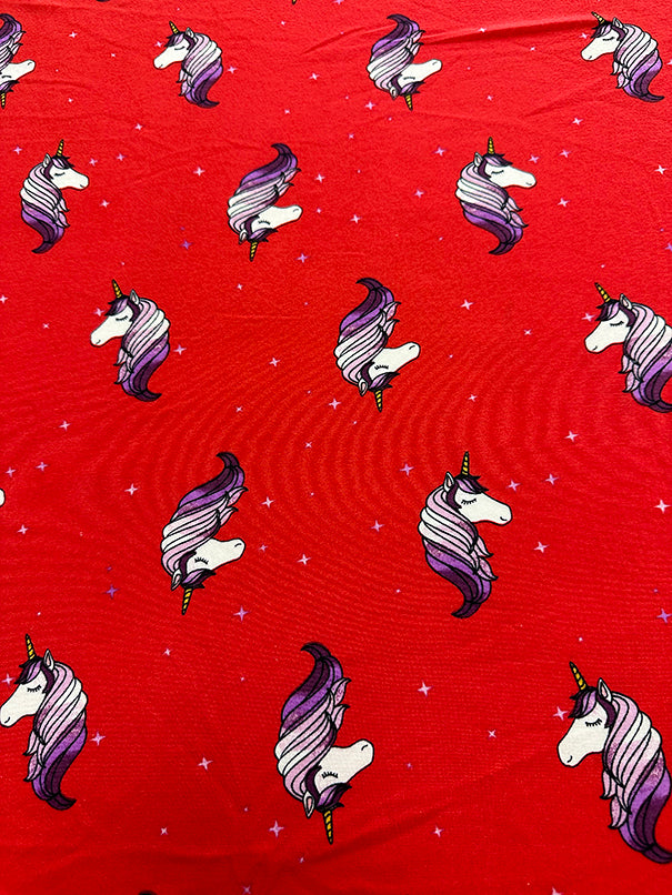 Red and White Star Unicorn Printed Double Brushed Jersey Knit Fabric
