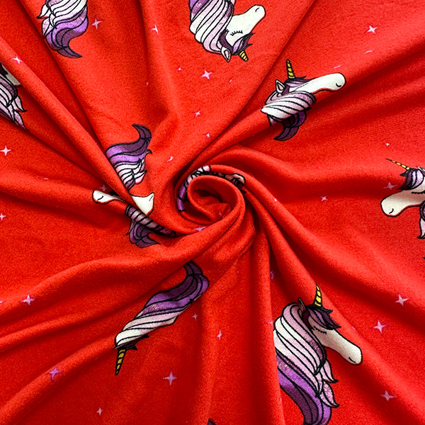 Red and White Star Unicorn Printed Double Brushed Jersey Knit Fabric