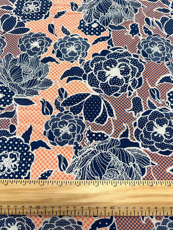 2 3/4 YD PC-Blue and Coral Floral Georgette Fabric