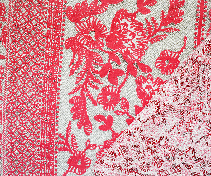 Coral Red-White Cotton-Nylon Multi Stripe Pattern Lace Mesh  Knit Fabric