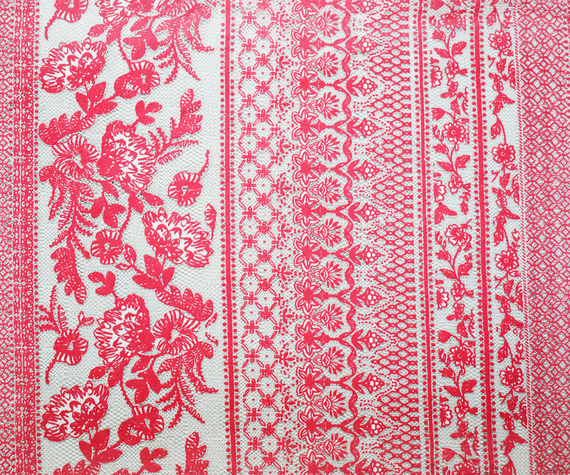 Coral Red-White Cotton-Nylon Multi Stripe Pattern Lace Mesh  Knit Fabric