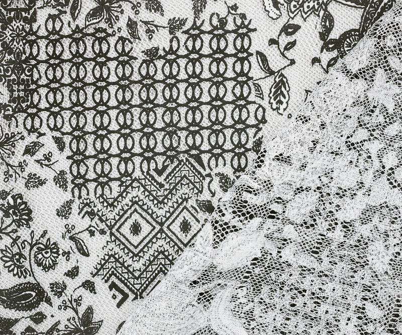 1 YD PC-Black-White Poly Floral Patch Printed Lace Mesh Knit Fabric