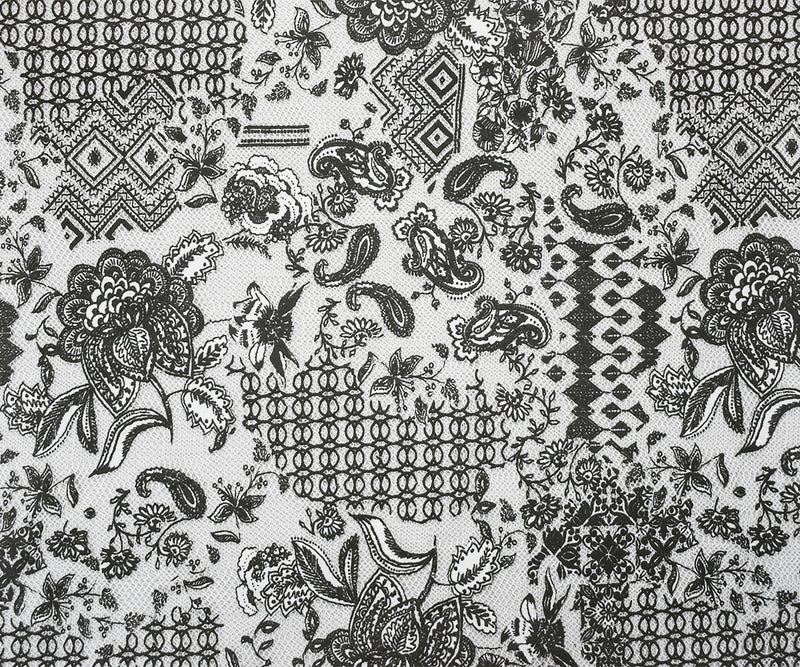 1 YD PC-Black-White Poly Floral Patch Printed Lace Mesh Knit Fabric