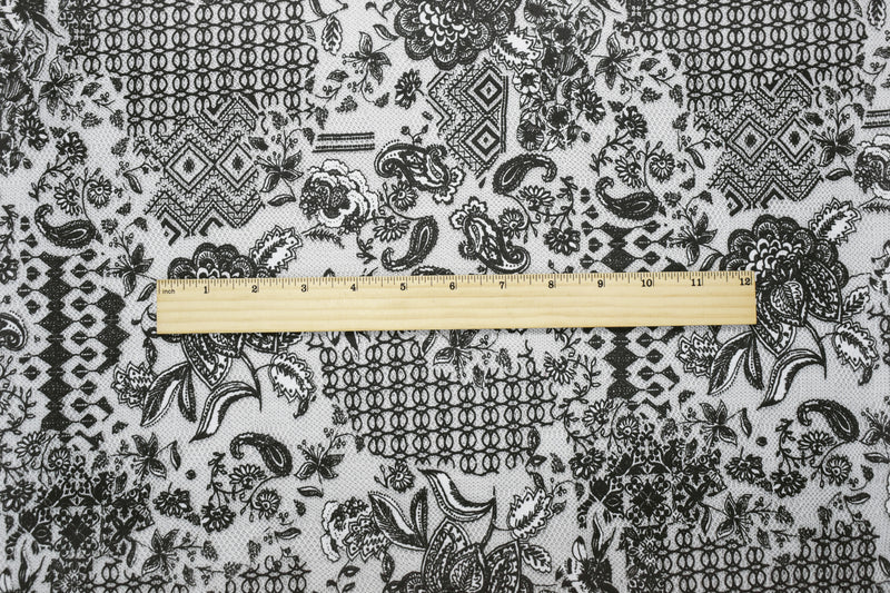 1 YD PC-Black-White Poly Floral Patch Printed Lace Mesh Knit Fabric