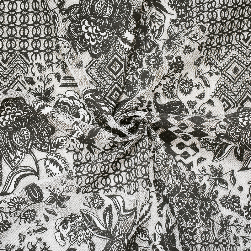 1 YD PC-Black-White Poly Floral Patch Printed Lace Mesh Knit Fabric