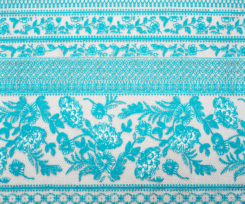 Turquoise-White Nylon Floral Multi Stripe Printed Mesh Lace Knit Fabric