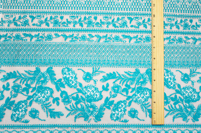 Turquoise-White Nylon Floral Multi Stripe Printed Mesh Lace Knit Fabric