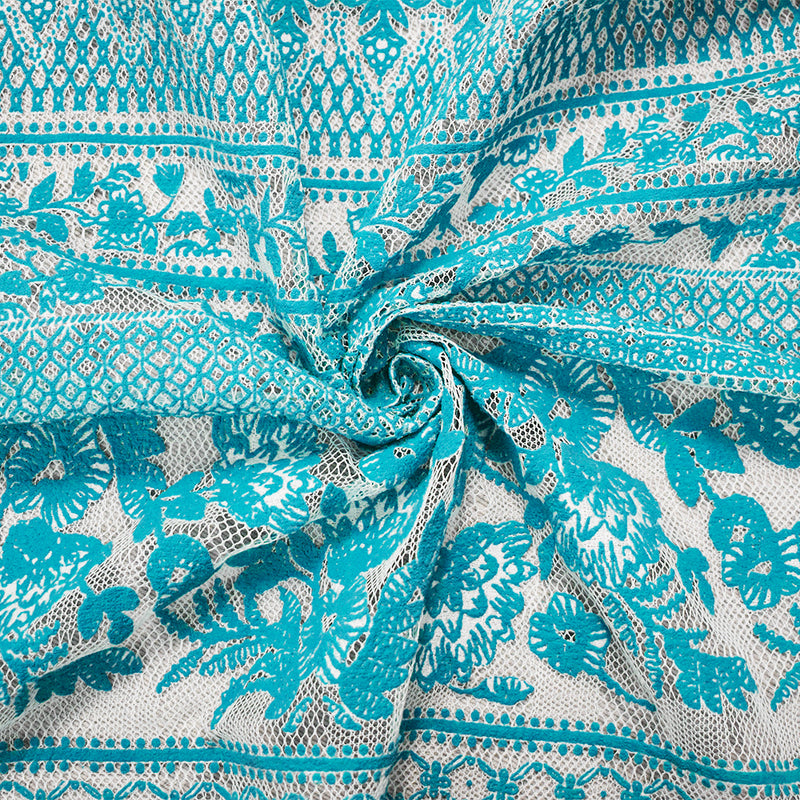 Turquoise-White Nylon Floral Multi Stripe Printed Mesh Lace Knit Fabric