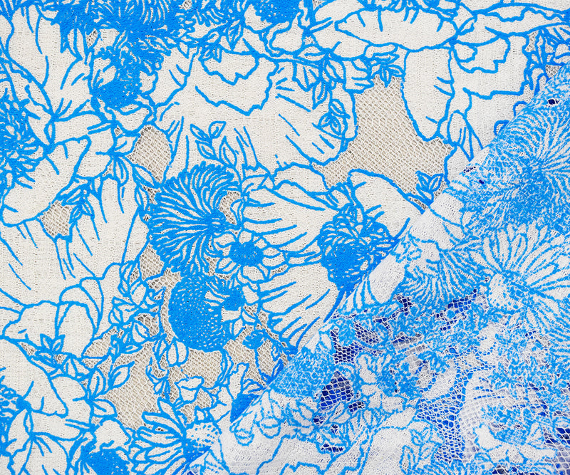 Blue-White Cotton Nylon Floral Printed Lace Mesh Knit Fabric