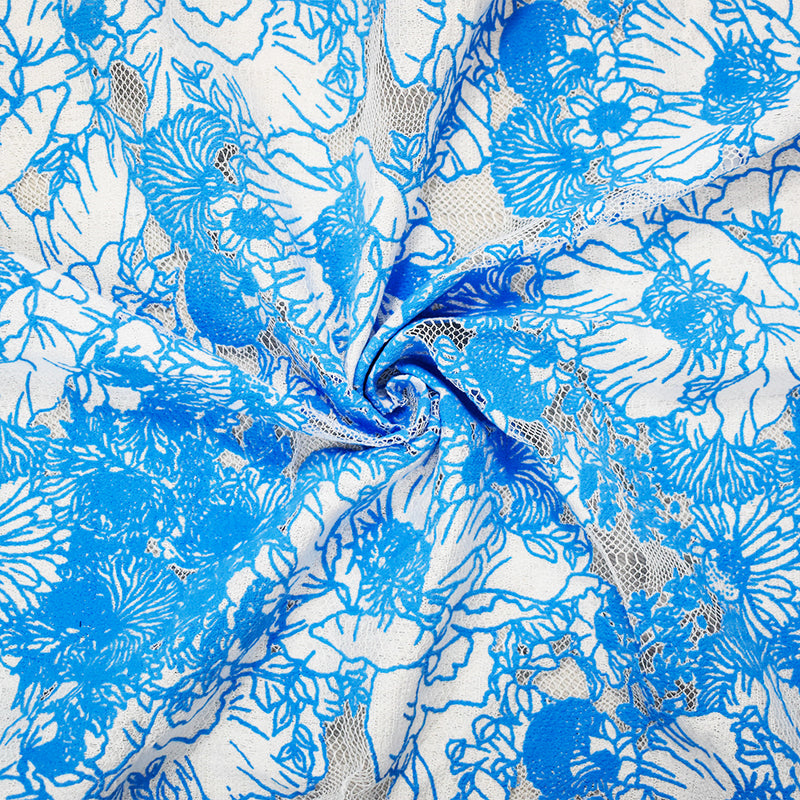 Blue-White Cotton Nylon Floral Printed Lace Mesh Knit Fabric