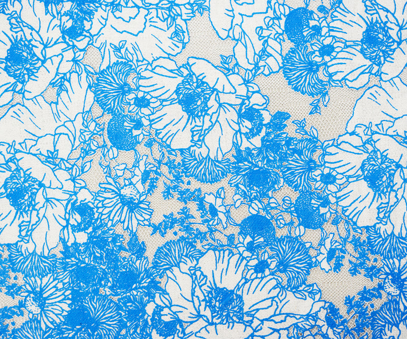 Blue-White Cotton Nylon Floral Printed Lace Mesh Knit Fabric