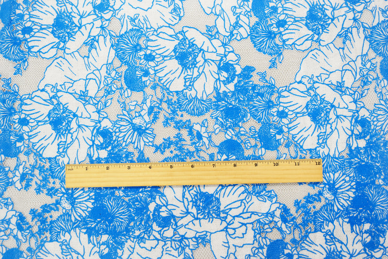 Blue-White Cotton Nylon Floral Printed Lace Mesh Knit Fabric
