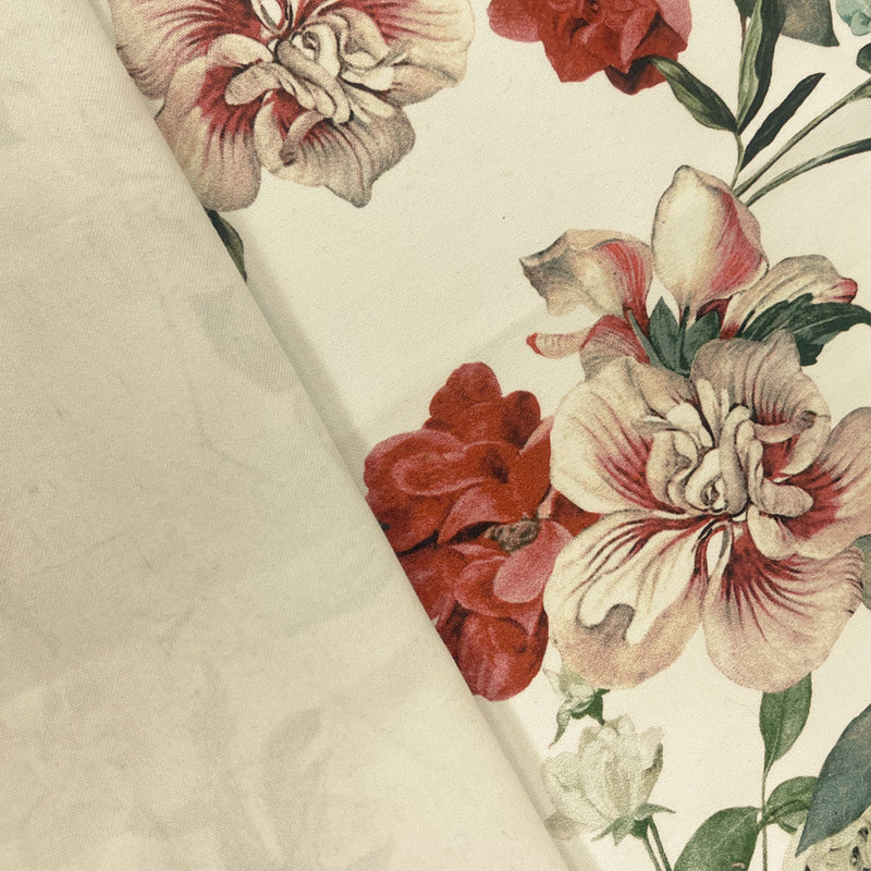 Red-Green Cotton Floral Printed Stretch Spandex Italian Sateen Woven Fabric