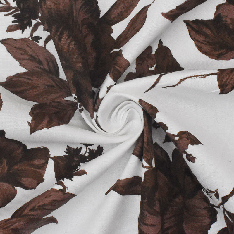 Brown-White-Multi Floral Border Printed Stretch Cotton Poplin Woven Fabric