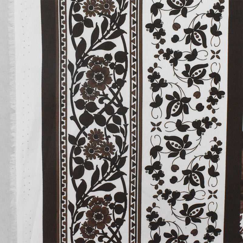 Brown-White-Multi Floral Border Printed Stretch Cotton Poplin Woven Fabric