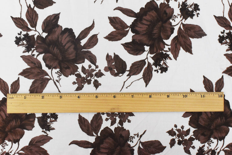 Brown-White-Multi Floral Border Printed Stretch Cotton Poplin Woven Fabric