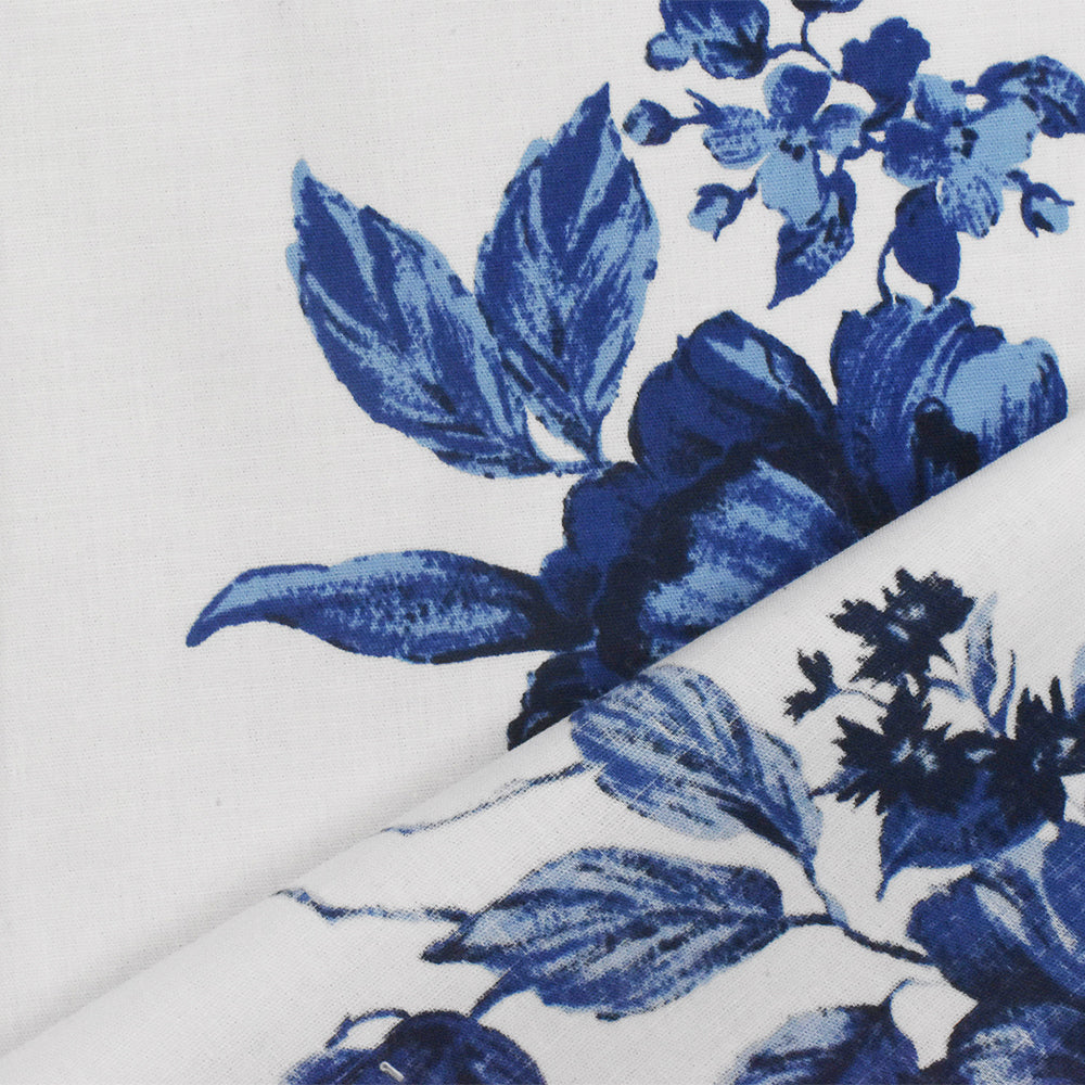 Blue-White-Multi Floral Border Printed Stretch Cotton Poplin Woven Fab Fabric Depot Blue-White-Multi Floral Border Printed Stretch Cotton Poplin Woven Fab Fabric Depot