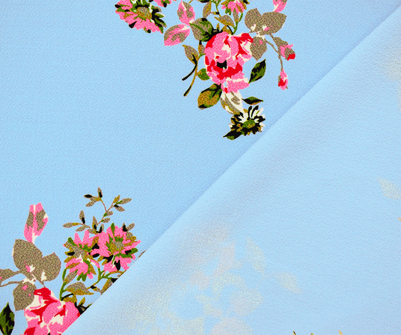 1 7/8 YD PC-Sky Blue-Pink-Multi Poly Floral Printed Pebble Crepe Woven Fabric
