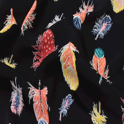 Black/Orange/Multi Feather Printed Crepe Faille Fabric