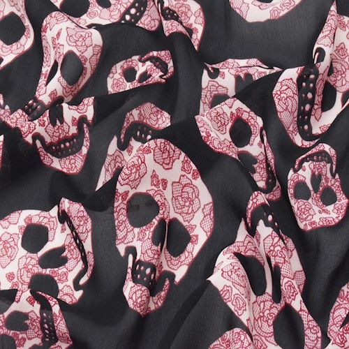 Black/Red/Multi Floral Skull Printed Chiffon Woven Fabric