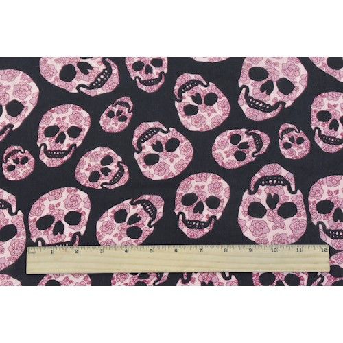 Black/Red/Multi Floral Skull Printed Chiffon Woven Fabric