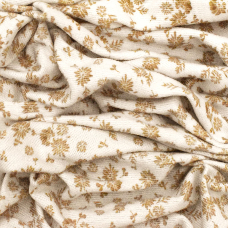 Ivory Beige-Brown Floral Print Double Brushed Jersey Knit Fabric