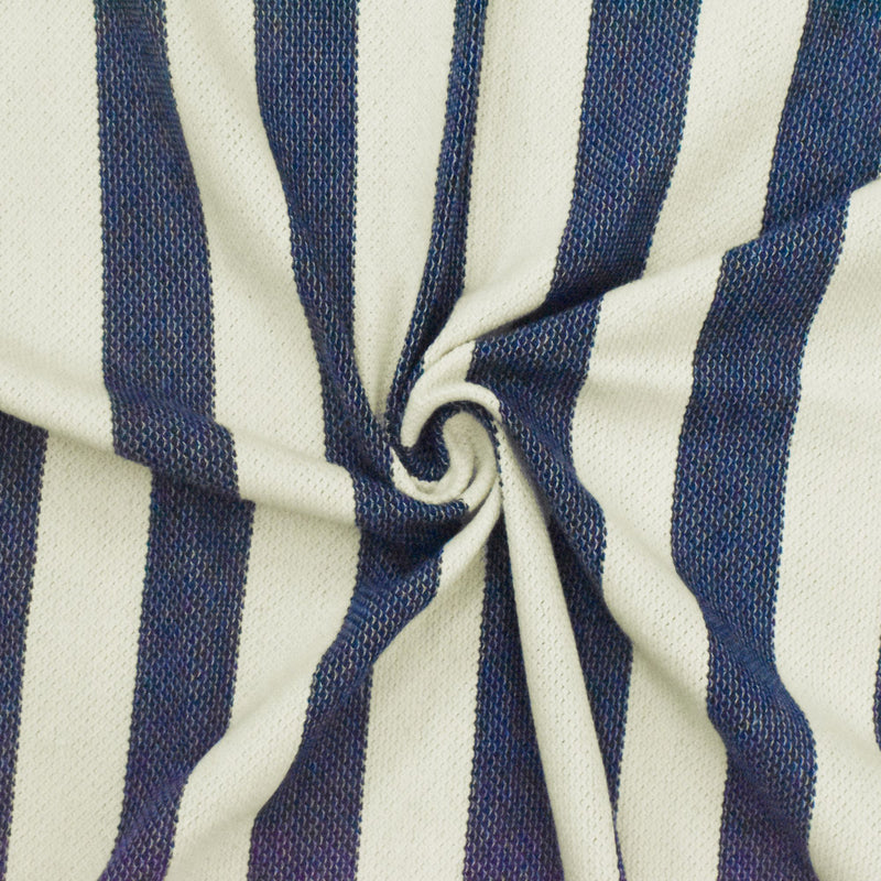 Ivory-Navy Blue Striped Pattern Pique Knit Fabric