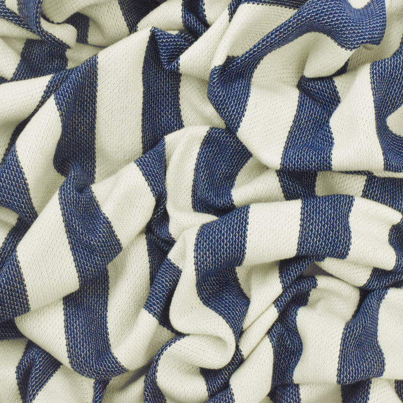 Ivory-Navy Blue Striped Pattern Pique Knit Fabric