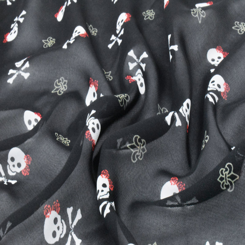 Night Black-White-Multi Skull Printed Polyester Chiffon Woven Fabric