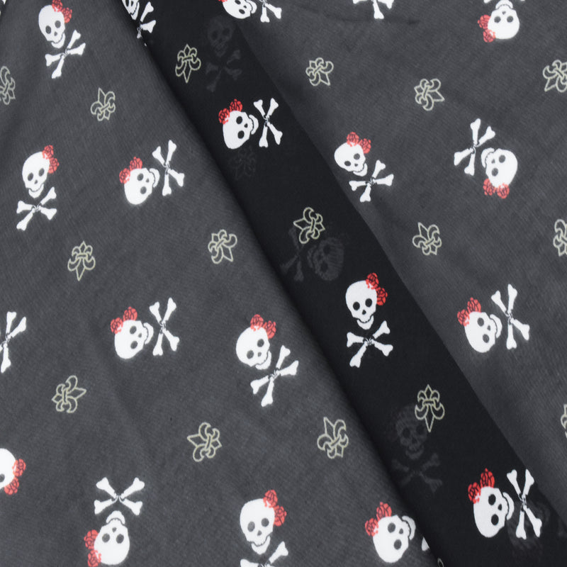Night Black-White-Multi Skull Printed Polyester Chiffon Woven Fabric