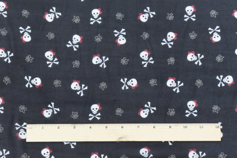 Night Black-White-Multi Skull Printed Polyester Chiffon Woven Fabric