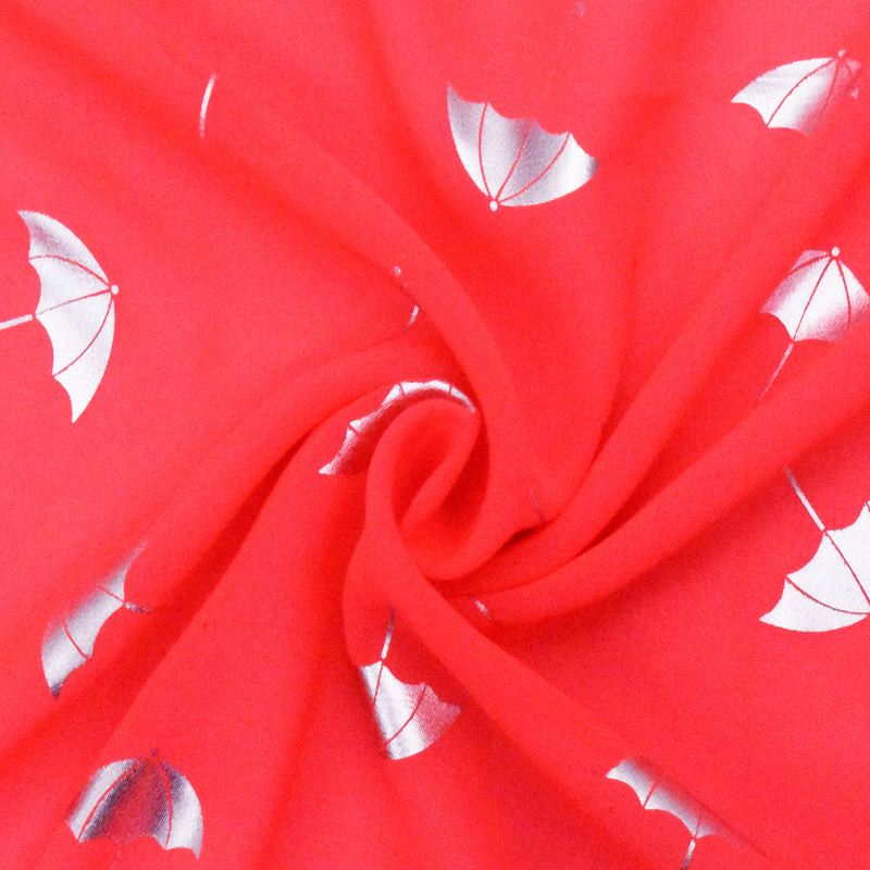 Caral Red-Silver Umbrella Foil Printed Polyester Chiffon Woven Fabric
